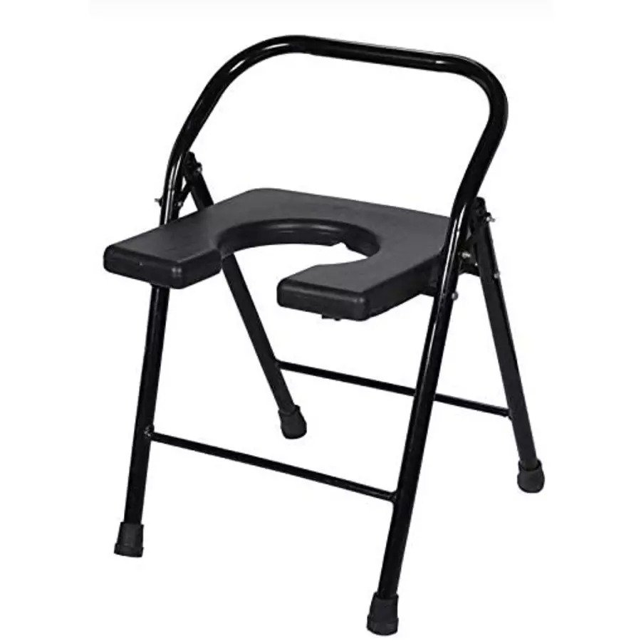 Black Foldable Commode Stool with Back Support & U Shape Toilet Seat for Senior Citizens