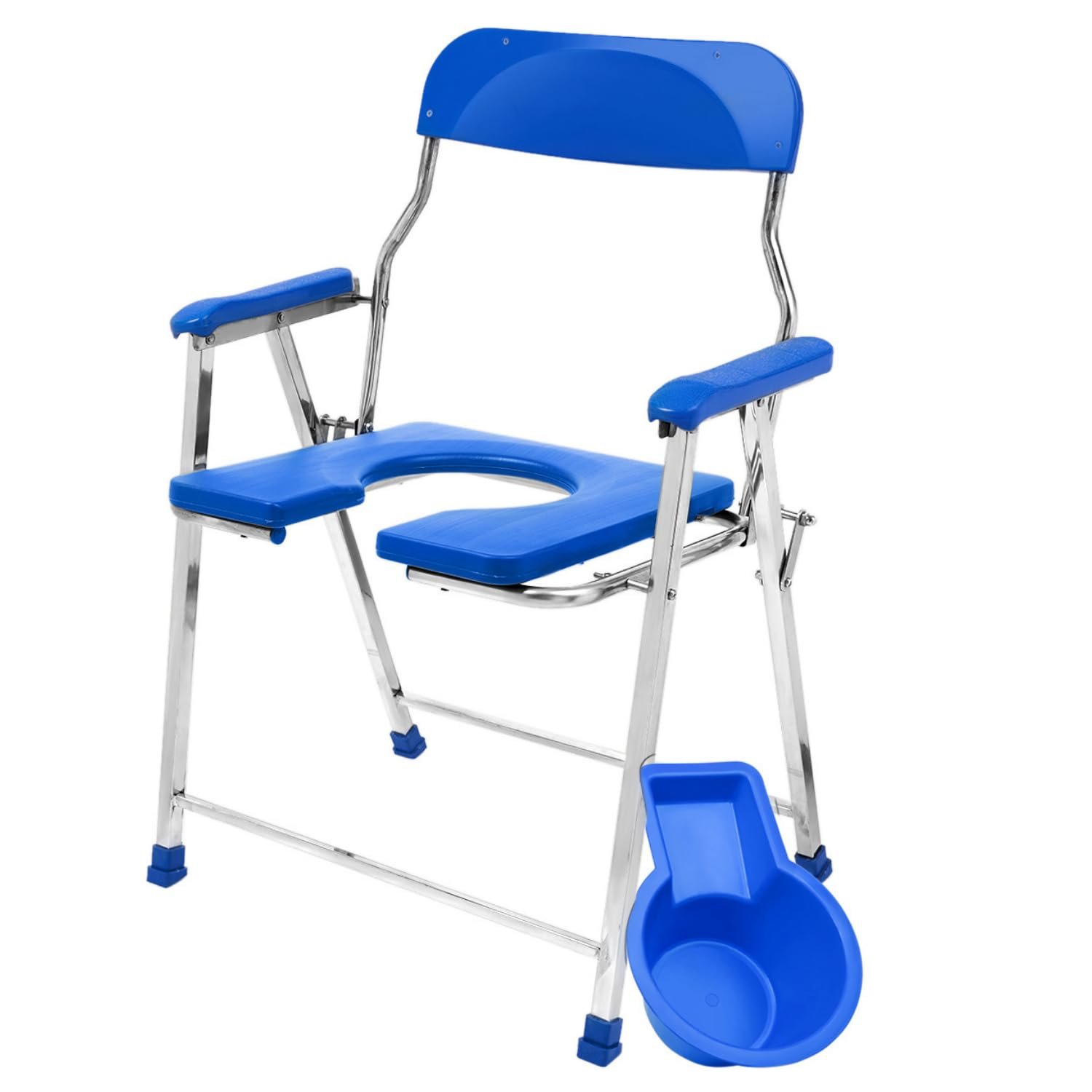 Blue Folding Commode Chair with Pot, Armrests & Backrest for Elderly & Senior Citizens